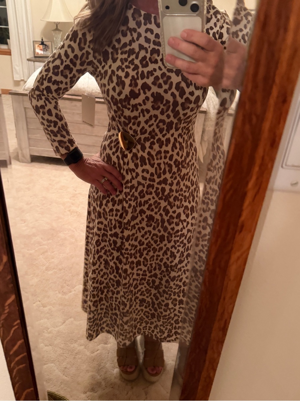 Leopard Print Long Sleeve Midi Dress - Taupe/Cream NWT Small